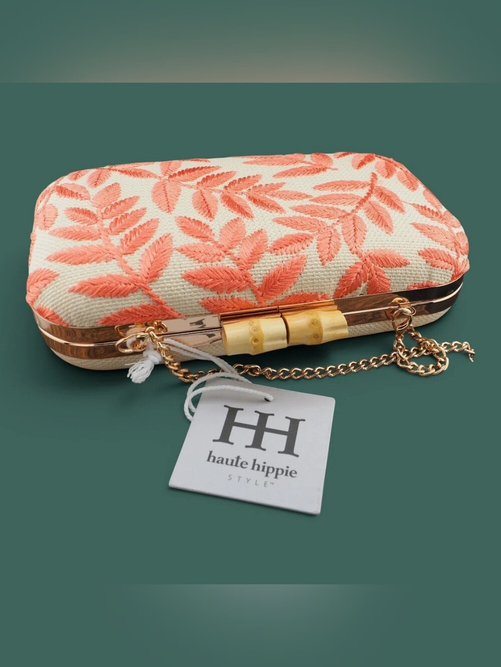 Haute Hippie Coral Embroidered Clutch with Gold Chain